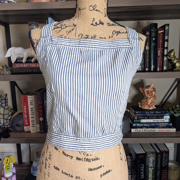 Blue and White Striped Lace-Up Crop Top - Picture 2 of 5